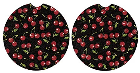 Dolyues Red Cherry Car Cup Coaster, 2Pcs Anti Slip Car Insert Coaster Car Cup Holder for Drinks Fruits Print Black Auto Interior Accessories