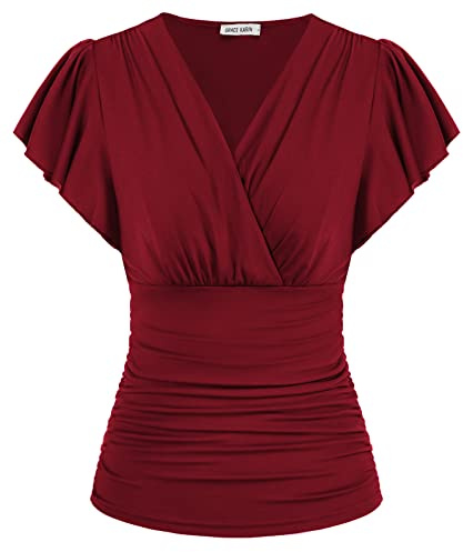 GRACE KARIN V-ringad blus, elegant omlottblus, lykta, långärmad, smal passform, veckad topp, tunika, blus, Vinröd kort ärm, M