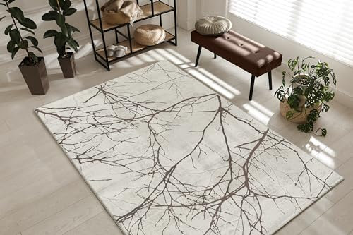 the carpet Mila moderner Teppich Wohnzimmer, elegant glänzender Kurzflor Wohnzimmerteppich in Creme mit Gold Blitz Muster, Teppich 140 x 200 cm