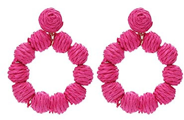 Women Earring Mother Valentine's Day Gifts Rattan Earrings Rattan Ball Ring Pendant Earrings Women's Handmade Earrings Braided Straw Rattan Raffia Earrings Summer Beach (Hot Pink, One Size)