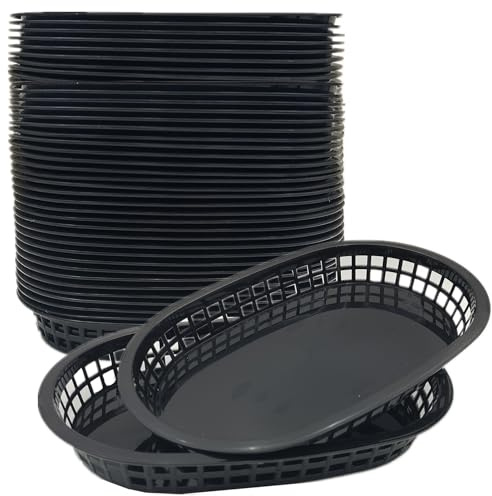 LyyGuanYoo 40 Stück Fast Food Körbe, wiederverwendbare Deli Fast Food Aufbewahrungskörbe, 26.7x17.8 cm, schwarze Kunststoffkörbe, Lebensmittelservice-Tablett-Halter-Set für Obst, Snacks, Picknick