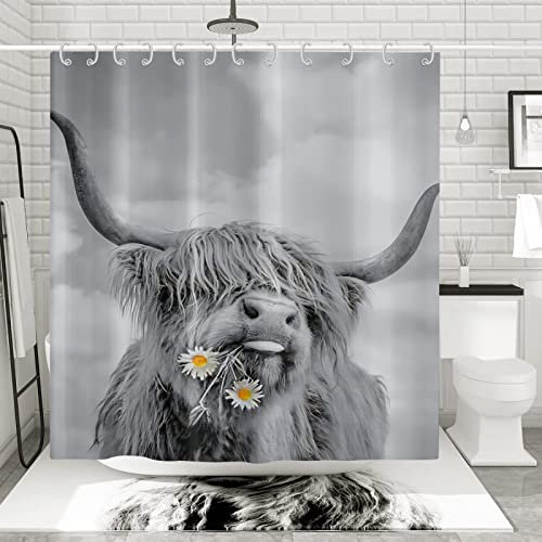 REECES Graues Hochlandrind Duschvorhang 120 x 200 cm 3D Ochse Duschvorhang Antischimmel Textil Duschvorhang Polyester Stoff Wasserdicht Duschvorhänge für Badezimmer, Bad Vorhang mit 8 Haken