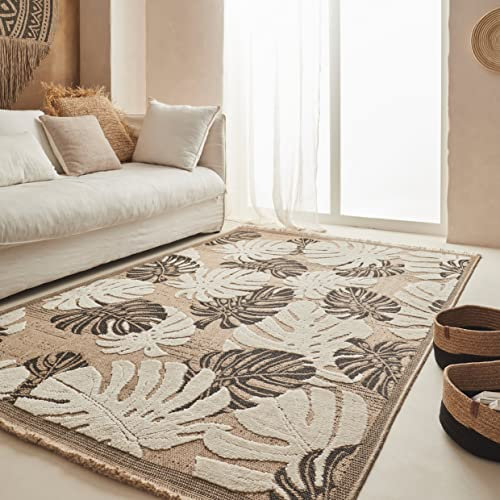 Nazar Tapis, Tapis Salon Nature Aspect Jute Chiné Motif Moderne Style Boho, Tapis pour Salon, Chambre, Terrasse, Exterieur, Couleur Naturelle (9062 Noir, 120x170 cm)