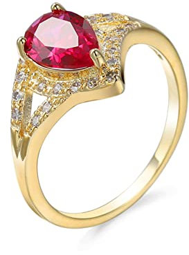 Bishilin Damen Ring Vergoldet mit Stein, Ring Hochzeit Tropfen mit Rot Zirkonia Ringe Personalisiert Gold Modeschmuck Gr.60 (19.1)