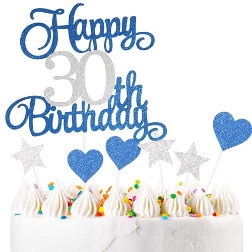ZHIHUI Tortendeko 30 Geburtstag Blau&Silber Junge Mädchen, 7Stück 30.Kuchendeko Geburtstag, Happy 30 Birthday Deko Torte Kuchen Deko Cake Topper für 30 Geburstagstorte Deko Jungen Mädchen Mann Frau