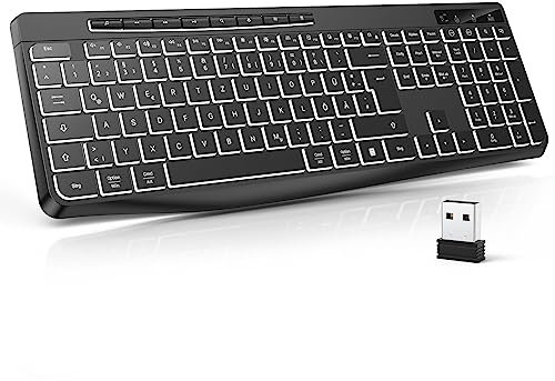TECURS Tastatur Kabellos Gaming PC- Leise Tastatur QWERTZ Weiß Beleuchtet Ergonomisch Wasserdicht, 2.4Ghz Led Keyboard für Windows/Mac/PS4/Xbox mit Multimedia-Tasten Schwarz