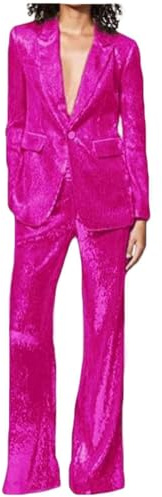 Damen Pailletten-Anzug-Set, Ein-Knopf-Motiv, 2-teilig, Hochzeit, Smoking, Blazer, Hose, Abschlussball, Party-Outfit, Knallpink (Hot Pink), X-Groß