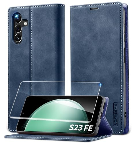 Lanhiem Handyhülle für Samsung Galaxy S23 FE Hülle mit Panzerglas, Premium PU Leder Schutzhülle, RFID Sperrung Flip Wallet Case für Samsung Galaxy S23 FE 5G Klapphülle, Blau