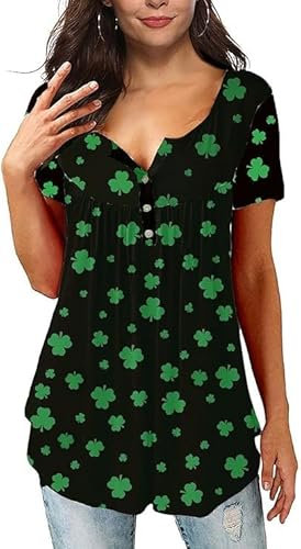 Roshop Damen Langarm Henley Plissee vorne lustige Schneeflocken Weihnachten Tunika, Kleeblatt, Schwarz, Medium