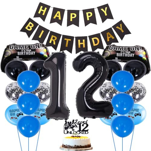 ZWWsullo Gamecontroller Luftballons Party Deko Geburtstag Junge 12 Jahre Videospiel Geburtstagsdeko 12 Jahre Gaming Party Geburtstag Deko 12 jahre 12 geburtstag junge