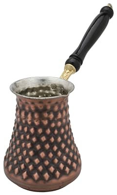 tunarts Copper Turkish Coffee Pot with Wooden Handle - Handmade Pyramid Embroidery on 1 mm thick Copper - Turkish Style Artistic Antique Coffee Pot Known as Cezve (Extra large)