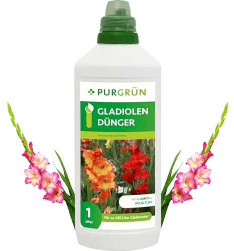 Purgrün® Gladiolen-Dünger | Organisch-mineralische Rezeptur | Premium-Flüssigdünger mit Spurennährstoffen | NPK 8+8+6 | Mit Guano & Aqua Plus | Für intensiv leuchtende Blüten | 1 Liter
