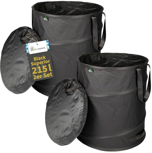 TTL Garden BLACK SUPERIOR 2x 215L Pop Up Gartensack - DOPPELTER BODEN 260gsm extra stabil 600D Oxford 2er Set 215 Liter Gartenabfallsack Laubsack faltbar Grünschnitt Garten Abfall selbstaufstellend