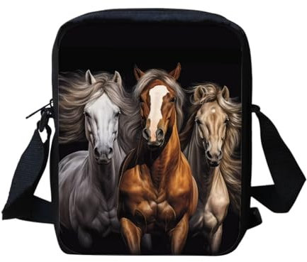 Binienty Kleine Umhängetasche für Damen und Mädchen, leichte Kuriertasche mit verstellbarem Schultergurt, Drei Pferde, Einheitsgröße