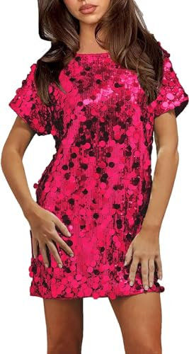 Vagbalena Abito da Donna con Paillettes a Maniche Corte Abito a Maniche Corte con Paillettes Glitter Sexy Mini Party Tuta da Discoteca Abiti da Concerto con Glitter (Rosa,L)