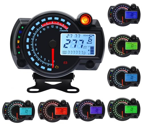 Geloo 14000RPM Motorrad Tachometer mit Halterung Geschwindigkeitssensor,Universal Digital Odometer Tachometer, 0-299 KM/H 7Farben Hintergrundbeleuchtung