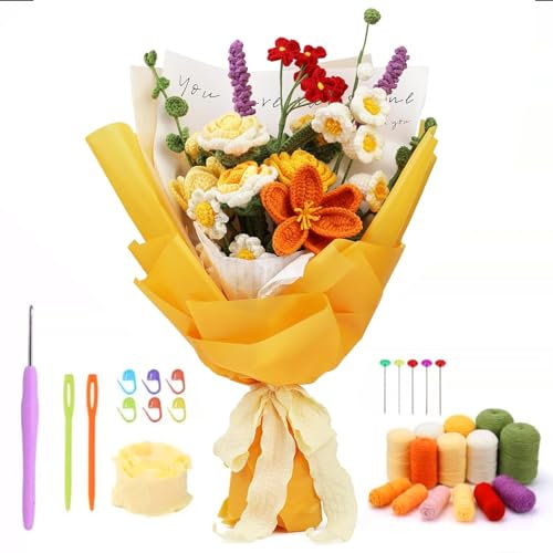 WIGUROE Blumenstrauß-Häkelset, Anfänger-Häkelset mit Schritt-für-Schritt-Video-Tutorial, Blumenhäkelset für Erwachsene, Kinder