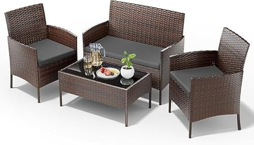 UDPATIO Polyrattan Sitzgruppe Fort 4 Personen Tisch mit 2er Sofa, 2 Stühle & Sitzkissen für Terrasse, Balkon, Garten, Balkonmöbel Rattan Gartenmöbel Set, Braun+Schwarz & Dunkelgraue Bezüge