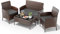 UDPATIO Polyrattan Sitzgruppe Fort 4 Personen Tisch mit 2er Sofa, 2 Stühle & Sitzkissen für Terrasse, Balkon, Garten, Balkonmöbel Rattan Gartenmöbel Set, Braun+Schwarz & Dunkelgraue Bezüge