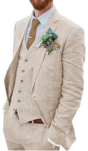 Botong Traje de boda de lino de 3 piezas para hombre, dos botones, esmoquin para novio, traje de playa con un solo botonadura, traje de negocios, beige, 54