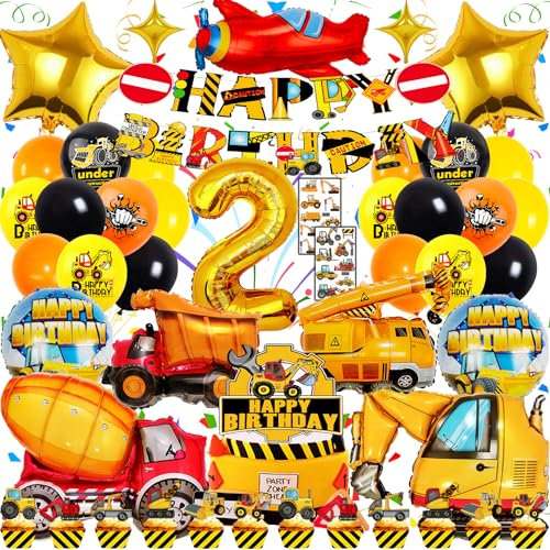 Zaztytoy Bagger Geburtstag Deko 2 Jahre für Jungen – XXL Bagger Folienballons, 48-Teiliges Baustelle Partyzubehör mit Kuchendeko & Tattoo-Aufklebern – Perfekt für 2. Geburtstag & Baustellen Party