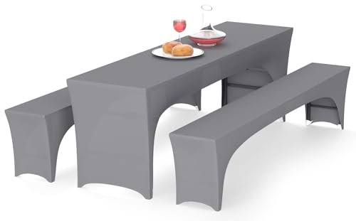 Alishomtll Set di 3 coperture elastiche per tavolo da birra, per tavolo da birra, banchetti, mobili da giardino, 220 x 70 cm, colore grigio