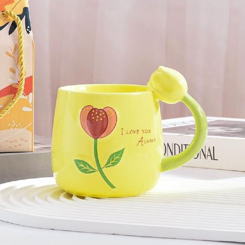 VollfitYYu Cute Tulip Coffee Mug Cute Coffee Mug with 3D Tulip Flowers Handle 400 ml Porcelain Mug for Women, Flower Lovers, Girls, Christmas, Mother's Day, Birthday (Yellow)