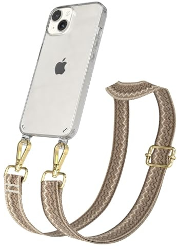 EAZY CASE Handykette - Verstellbares Taschenband kompatibel mit iPhone 14, Schulterriemen, Handykordel mit Silikon Hülle, Umhängetasche, Hell Braun Braun Gold
