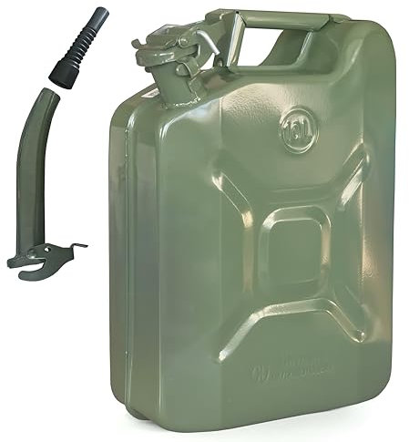 MAKA Tanica Benzina in Metallo con Beccuccio, Verde Militare e Presa Ergonomica, Bidone Carburante con Chiusura di Sicurezza, Antiruggine Certificata UN Trasporto Merci Pericolose (10 Litri)