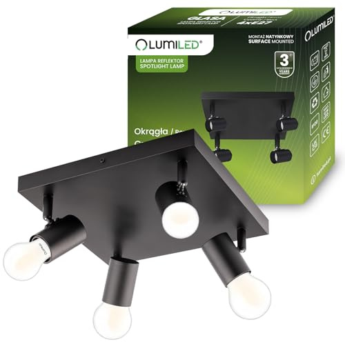 Lumiled Deckenleuchte Deckenspot Deckenstrahler 4-flammiger Spot in mattschwarzer Farbe Spotlampe für Decke Deckenlampe Spots Downlight Drehbar 4x E27 max.12 W IP20, Fassung 230V ohne Leuchtmittel