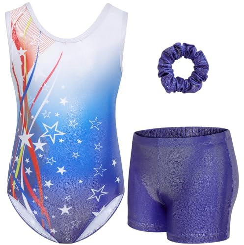 Gogokids Conjunto de maillot de gimnasia sin mangas para niñas de 3 piezas con pantalones cortos y gomas para el pelo, ropa de gimnasia para niños con diseño ahuecado y cruzado, pieza de ballet