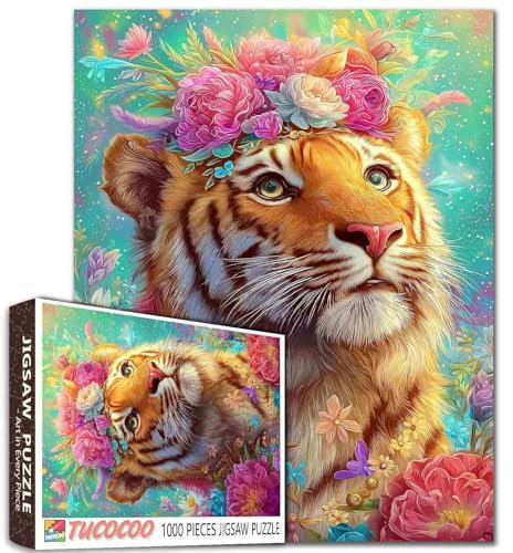 Tiger Fantasy-Puzzle für Erwachsene, Teenager, lebendige Details, leuchtende Farben, Blumenkrone, Anime-Stil, 68 x 50 cm, 1000 Teile