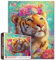 Tiger Fantasy-Puzzle für Erwachsene, Teenager, lebendige Details, leuchtende Farben, Blumenkrone, Anime-Stil, 68 x 50 cm, 1000 Teile