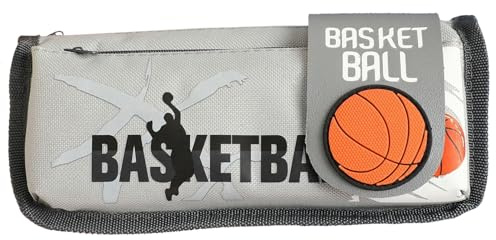 Shamoparty Graues Basketball Federmäppchen, Sport Schreibset mit großem Fassungsvermögen, Klappe mit doppeltem Reißverschluss, Basketball Star, Geschenk für Basketball Fans, Geschenk zur Einschulung