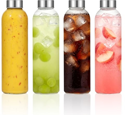 Bayseun Glass Water Bottle 500ML - 4 Pack Empty Glass Bottles with Lids - Leak Proof, Airtight, Wide Mouth, Stainless Steel Lids, Reusable Drinking Bottles for Juice, Milk, Water, Smoothies & Storage