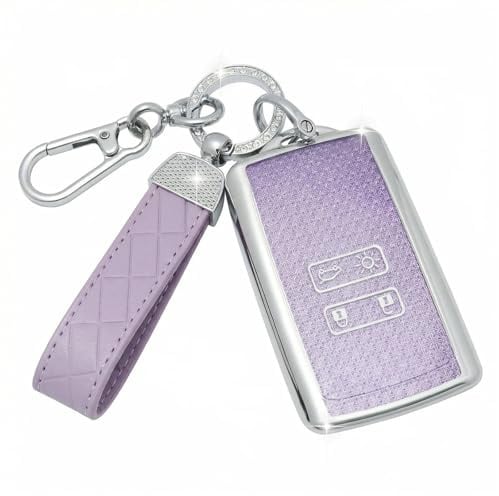 SparkleJoy Coque Clé Voiture TPU avec Porte-Clés en Cuir,Etui Clé Étui Clé Compatible avec Renault Scenic Megane Talisman Koleos Kadjar Clio Captur Espace Zoe Arcan Dacia Duster - Smart Key (Violet)