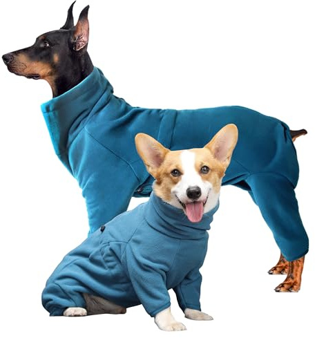 Leberna Cosy Fleece Coat For Dogs, Full Body Jacket With Four Leg, Adjustable Jumpsuit With Zipper Closure, Winter Clothes for Small Medium Large Breed (Turquoise, M)