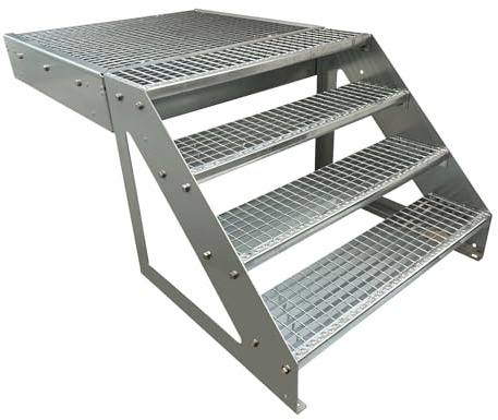 Kaminbau Mierzwa Premium Podesttreppe Stahltreppe Freistehend 4 Stufen Höhe 76 cm inklusive Podest 100x100cm ohne Geländer Verzinkt/Ausrichtung Treppe Vorne (Front) Aussentreppe