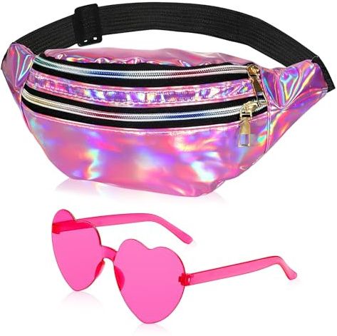 80er 90er Jahre Accessoires, Bauchtasche 80 er Jahre Damen, Bauchtasche Glitzer, Bauchtasches Metallic mit Herzbrille, 70er 80er 90er Jahre Outfit Damen für Karnevals, Disco Partys (Rosa)