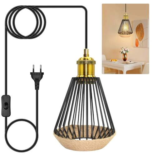 ZRLXFM Vintage Hängelampe mit Stecker und Schalter, Metall Lampenschirm, Retro Pendelleuchte DIY Kit mit E27 Fassung, 5m Verdicktes Rundkabel & Grünes Blätter Dekorseil