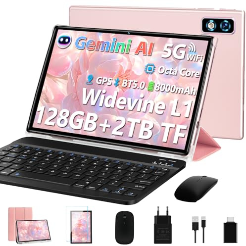 2026 Gemini Ai Tablet 10 Pollici Android,Tablets 22GB RAM+128GB ROM(TF 2TB), Octa Core 2.0Ghz /5G+2.4G WiFi/GMS/8000mAh/BT 5.0/Widevine L1/8MP+5MP/GPS/Tablet 3 in 1 con Tastiera e Mouse - Oro Rosa