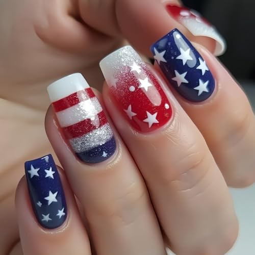 24pcs Medium Square False Nails Red White Blue American Flag Press on Nails Glitter Silver Stick on Nail Tips with Star Stripe Accent Removable Glue-on Fake Nail Art 4th of July Accessories for Women
