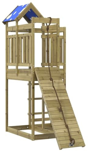 Spielturm aus imprägniertem Kiefernholz mit Kletterrampe und Sandkasten, 118 cm Plattformhöhe, wetterfestes Klettergerüst für Kinder im Garten, Stelzenhaus mit Dach und Spielmöglichkeiten