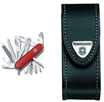 Victorinox Handyman Couteau de Poche Suisse, Léger, Multitool, 24 Fonctions, Grand Lame, Tire Bouchon, Metal Voir, Rouge & Pochette En Cuir pour Couteaux de Poche, 3,5 Cm X 10 Cm, Noir