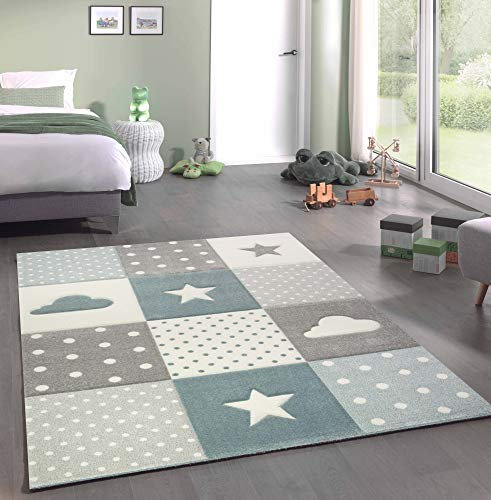 CARPETIA Kinderteppich Spielteppich Babyteppich Junge Stern Wolke in blau hellblau türkis Größe 140x200 cm