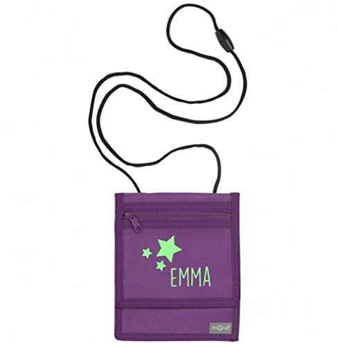 minimutz Brustbeutel mit Namen | Motiv Sterne inkl. Namensdruck personalisiert & Bedruckt | Geldbörse Kindergeldbeutel Münzfach für Kinder Jungen Mädchen mit Klettverschluss zum Umhängen (lila)