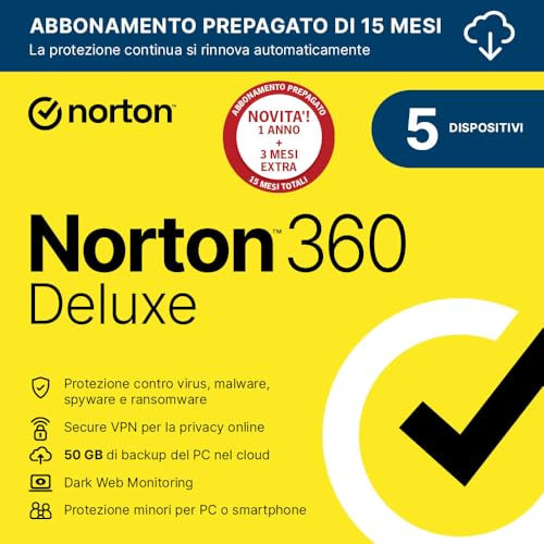 Norton 360 Deluxe 2025| Antivirus 5 dispositivi|15 mesi rinnovo automatico|Digital Download