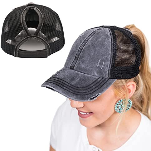 ProMindFun Damen Baseballkappe, überkreuzt, Pferdeschwanz, hoher unordentlicher Dutt, Used-Look, unkonstruiert, gewaschen, für Väter, Mädchen, Trucker - - 54-60 cm