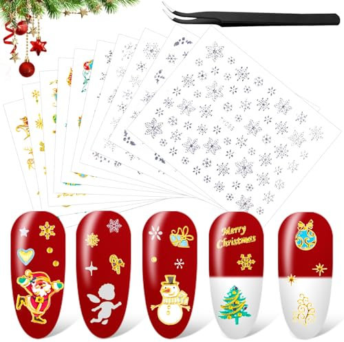 24 Blatt Weihnachten Nagelsticker Selbstklebend Nagelaufkleber 3D Nagel Kunst Design Aufkleber mit Pinzette für DIY Nagel Art Dekorationen