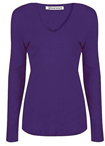 janisramone Womens Ladies V Neck Long Sleeve T-Shirt Stretchy Plain Jersey Slim Fit Casual Basic Tee Tops Purple